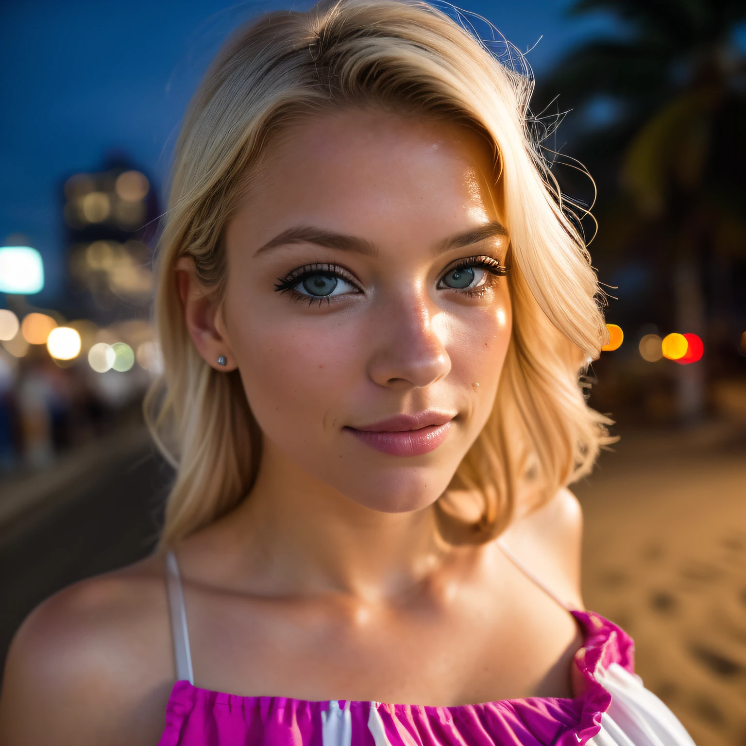 (Selfie, Overhead View: 1.4), (straight half of the body: 1.4), RAW UHD portrait photo of a 24-year-old blonde (Blue-eyed woman) Walking on sand, big boobs, sunset, (long Skirt), (Neckline), Details (Fabric! , Hair! , Glitter, Color!! , Flaws: 1.1), shiny eyes with a high level of detail (Looking into the camera), SLR lighting, Reflex camera, ultra quality, Sharpness, Depth of field, Film grain (Center), Fujifilm XT3, crystal clear, Center of the frame, Beautiful face, Sharp focus, Streetlight, Neon lighting, bokeh (weakly illuminated), Night, (Night sky), Detailed skin pores, Oily skin, Sunburns, Complex eye details, full entire body, big boobs