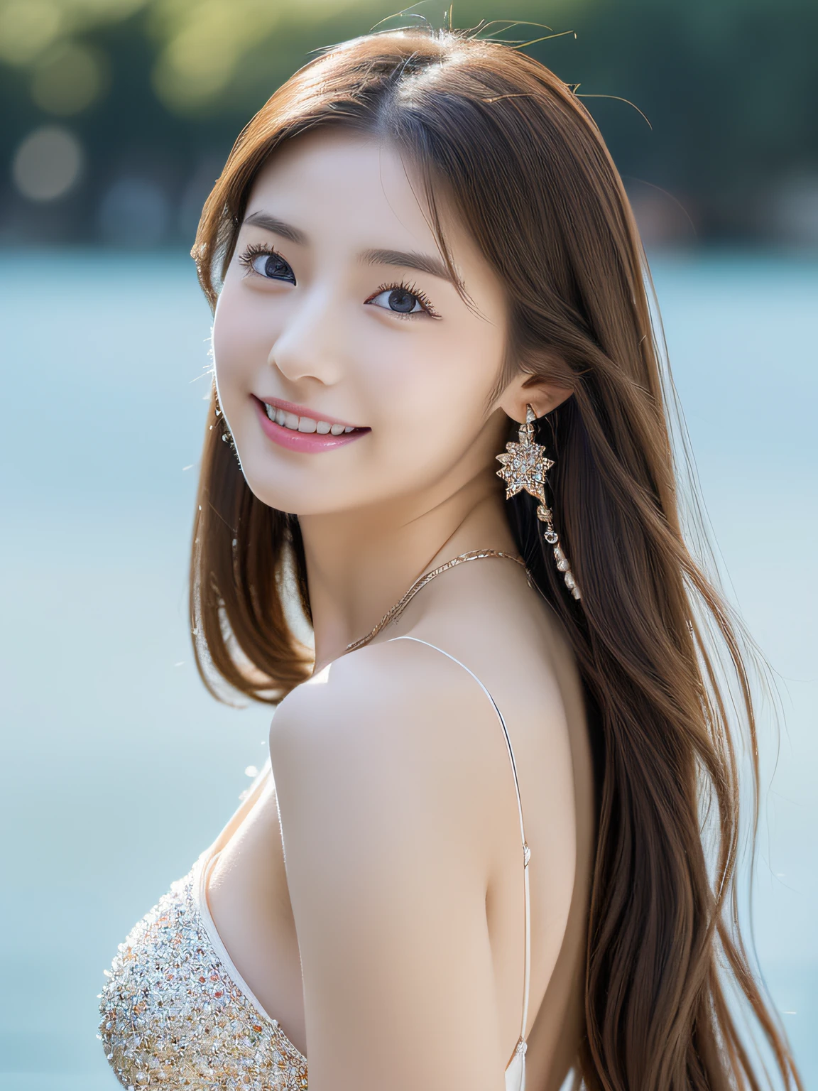 (((８Very high resolution in K, high detailing, highly accurate, masutepiece))),Photography & realistic atmosphere,shinny skin,Beautiful skin,fine-grained white skin,Detailed face,Detailed eyes、Dark blue eyes,Very pretty eyes,Detailed lips、Very beautiful face,Very well-formed face、Lifelike face,shiny beautiful lips,Beautiful eyebrows,、,The best natural makeup for professional models,Japan idle,韓国アイドル,Very beautiful woman,Very beautiful girl,(((Colossal tits,very shapely breasts、Very beautiful lines from head to foot,Thighs protruding from the dress sit at the water's edge,High-end ornaments,a necklace,Bracelets, the ring, piercings,))),Adornments designed to the smallest detail,(((Stylish and skimpy dresses for girls 18 years old,Dresses with open chest,full body photographed,a very beautiful japanese girl,18year old,Glittering dresses,Beautiful big pattern dress,shiny very beautiful brown hair,,Beautiful half-up hair,Teary-eyed,Gentle smile,,Natural gestures,Beautiful immature body, Innocence))),(((photorealisim,Rotate the camera from bottom to top))),Reality Live Action,nailart,((Beautiful butt、,Backshots,facing back,turned around)),超A high resolution、Natural and realistic face,and soft natural lighting