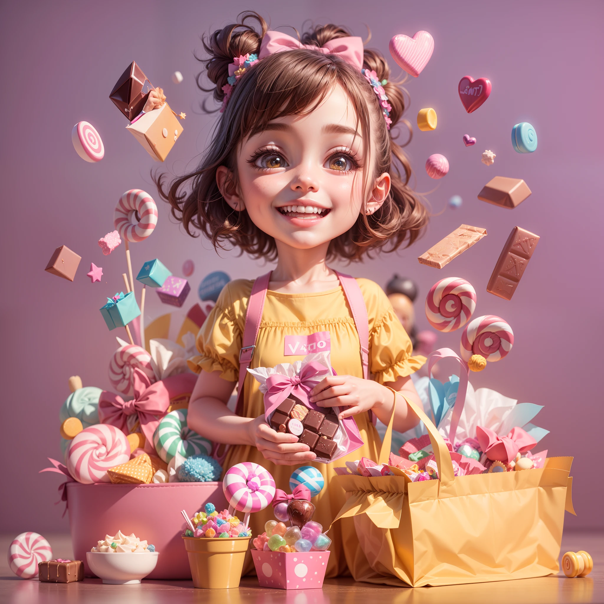 very cute happy girl with a pink bow holding a bag of candy, smiling, flying candies, ((chocolates)), gummy, lollipops, 3d render, kawaii hq render, cinema 4d colorful render, adorable, pixar, sharp, simple purple background