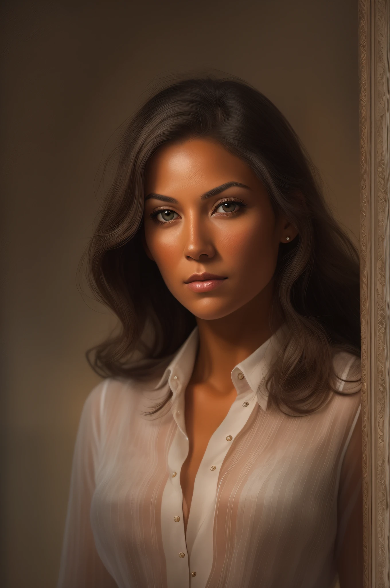 wise looking woman, a straight face, looking forward, with true tanned complexion, dark background, American women. Dressed with a transparent blouse.
