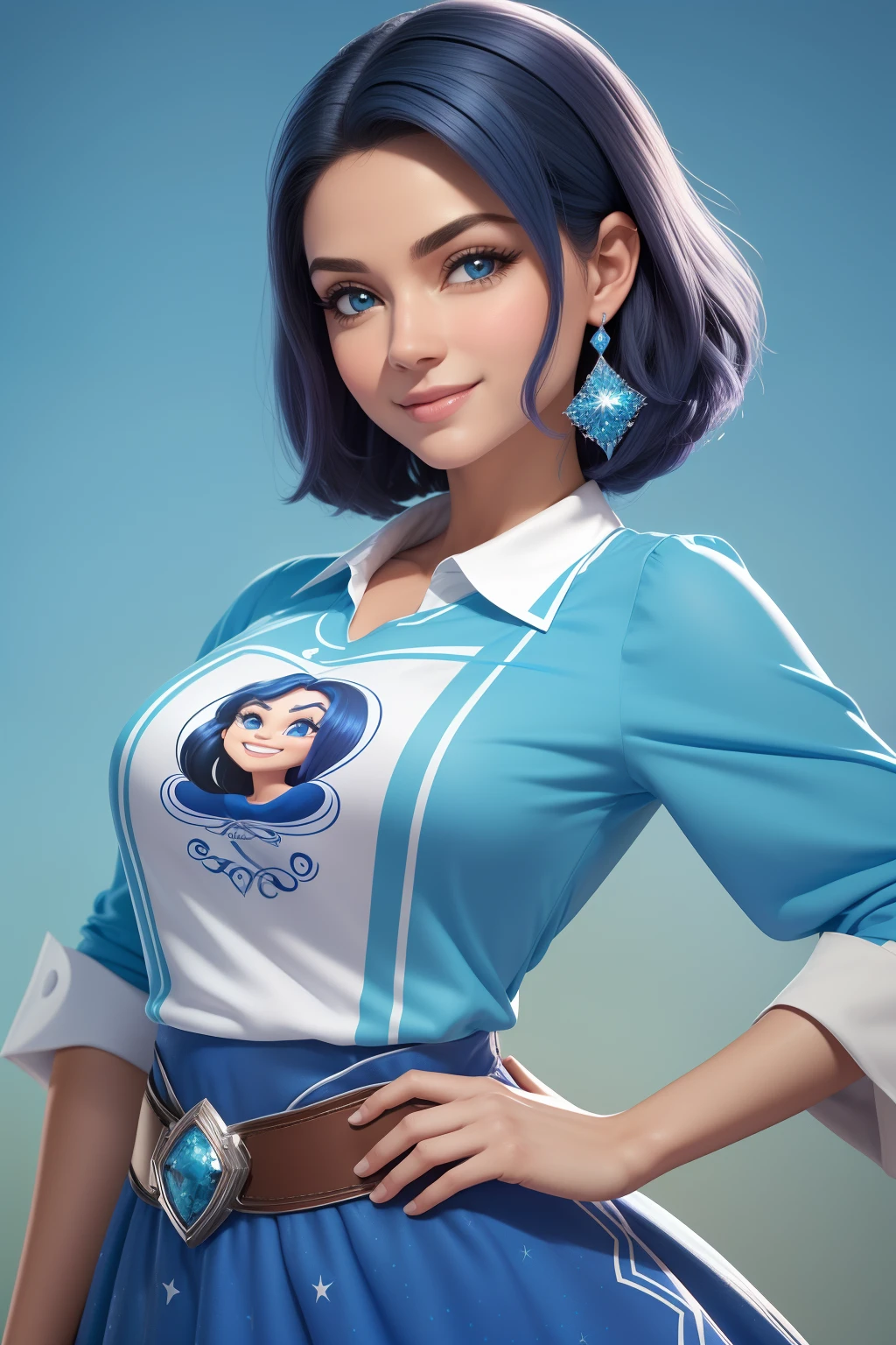Uma mulher bonita com cabelo escuro, ostentando um sorriso brilhante e uma camisa azul clara. only the face is rendered in Disney or Pixar style, e ela faz uma pose de modelo contra um fundo branco,(insanamente detalhado:1.5)