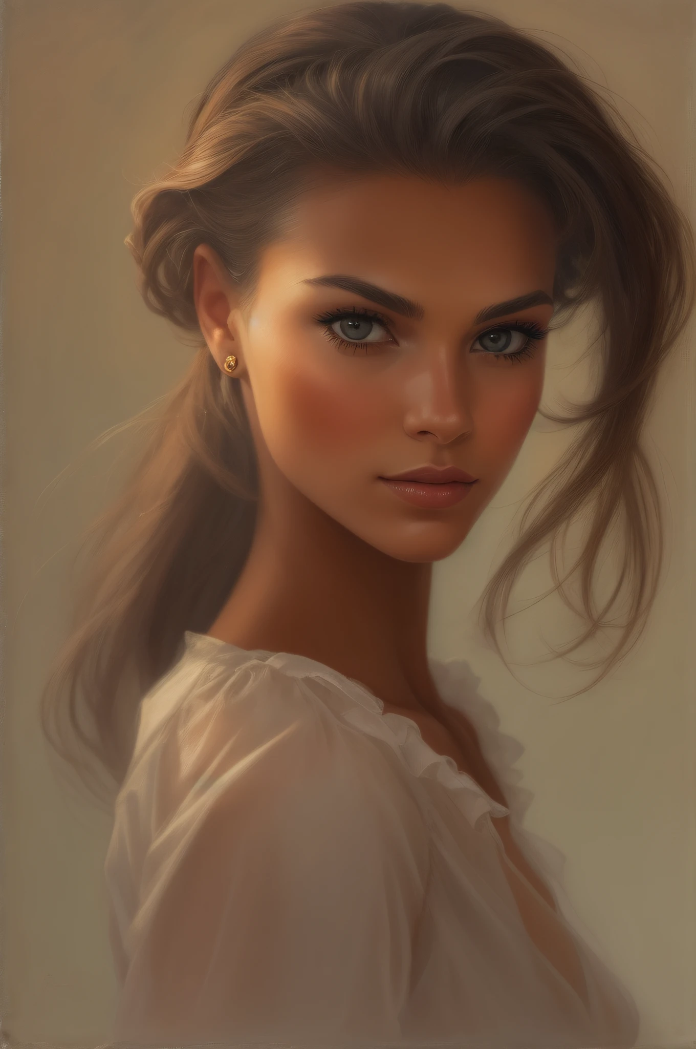 wise looking woman, a straight face, looking forward, with true tanned complexion, dark background, American women. Dressed with a transparent blouse.