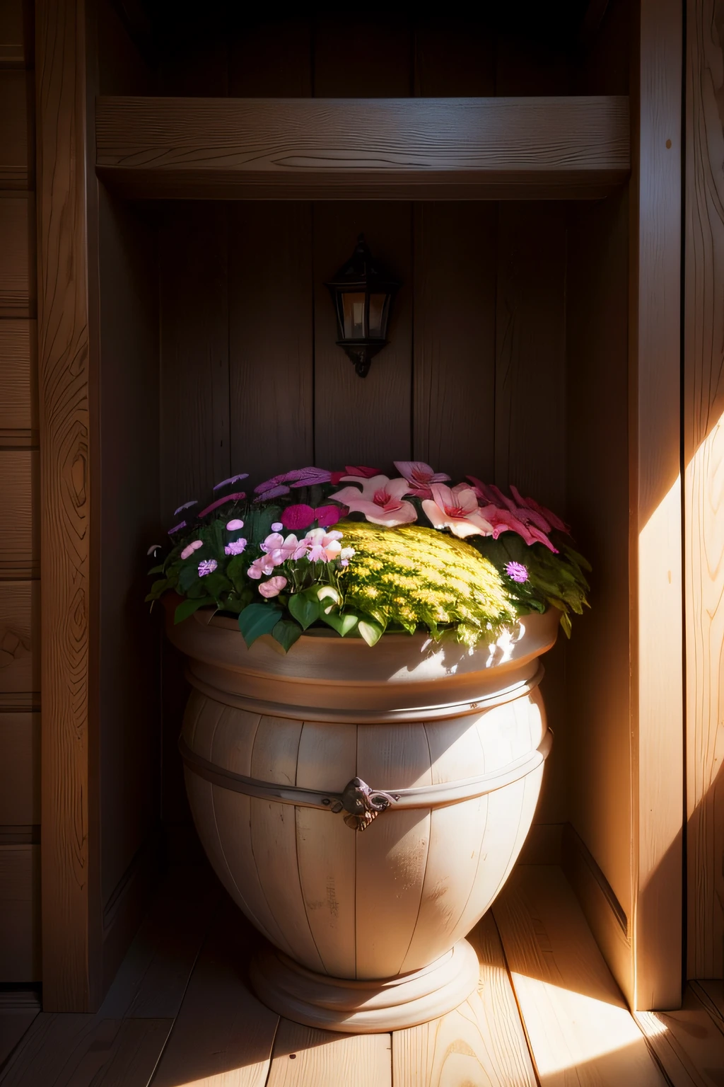 sophisticated image with texture, under a beam of light and accurate and realistic details
flower pot inside a wooden niche