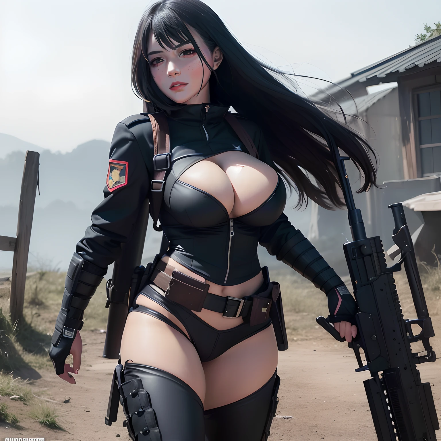 An Araf woman dressed in black holds a gun and a gun, an oppai cyberpunk, mechanized soldier girl, Badass anime 8 K, thicc, Tifa Lockhart, ff Tifa, she is ready to fight, Anime girl cosplay, in black military uniform, wearing techwear and armor, with pistol, cyberpunk angry gorgeous goddess, with rifle