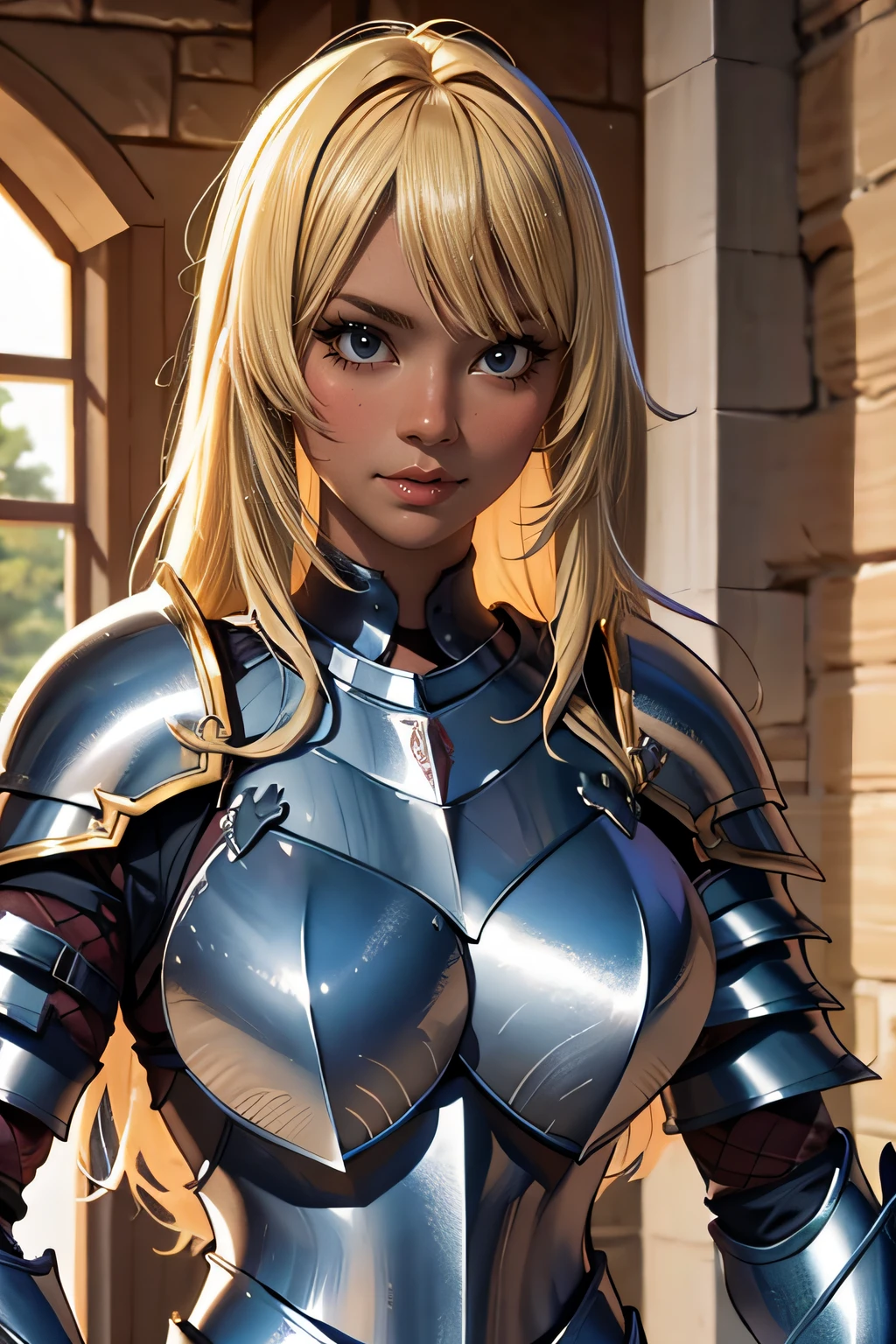 (masterpiece, best quality:1.2), ashley, re4, knight armor, knight helmet, blonde hair, visor, smile  <lora:ASHLEYCL4-15:0.8>