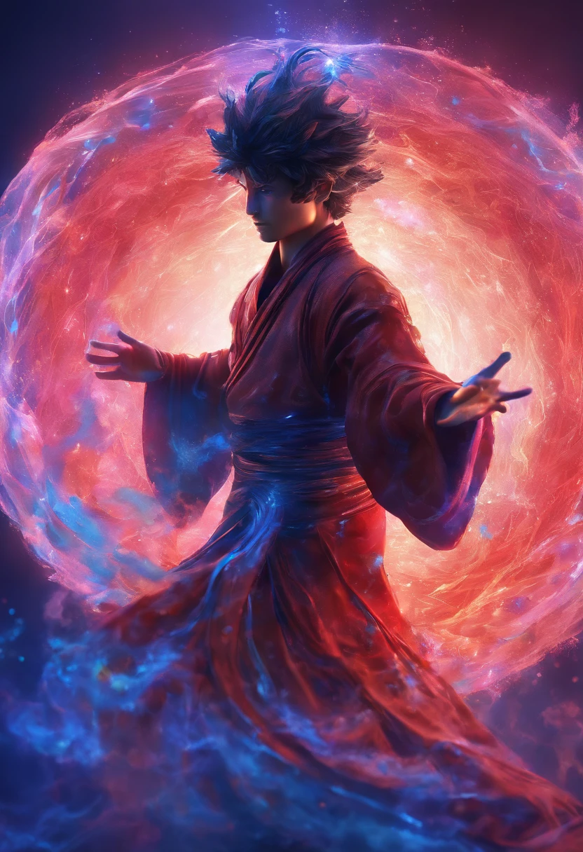 A Male Whirling Dervish made of Blurred Bioluminescent Light, Looking at the camera, Chibi, Pixar Render, Detailed Realistic Hands, Melting, Paint Dripping, Splash Art, Notan, Accent Lighting, Ultramarine Blue Interior Light, Glowing Metallic Textures, Swirling Colors, Whiplash Motion, Light Halation, Dark Vibrancy, Bold Outlines, Ink Water, Futuristic Background, Princesscore, Motioncore, ,Glossy Reflections, Fire Engine Red and Bronze, Opacity and Translucency, ‘Light, Color, & Clear Space’, Smooth Unreal Engine, Circular Thinking, Bryce 3D, Cinematic ultra detail CGI,