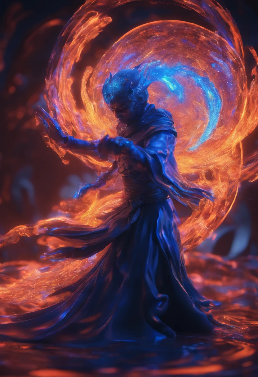 A Teenage Male Whirling Dervish made of Blurred Bioluminescent Light, Looking at the camera, Chibi, Pixar Render, Detailed Realistic Hands, Melting, Paint Dripping, Splash Art, Notan, Accent Lighting, Ultramarine Blue Interior Light, Glowing Metallic Textures, Swirling Colors, Whiplash Motion, Light Halation, Dark Vibrancy, Bold Outlines, Ink Water, Futuristic Background, Princesscore, Motioncore, ,Glossy Reflections, Fire Engine Red and Bronze, Opacity and Translucency, ‘Light, Color, & Clear Space’, Smooth Unreal Engine, Circular Thinking, Bryce 3D, Cinematic ultra detail CGI,