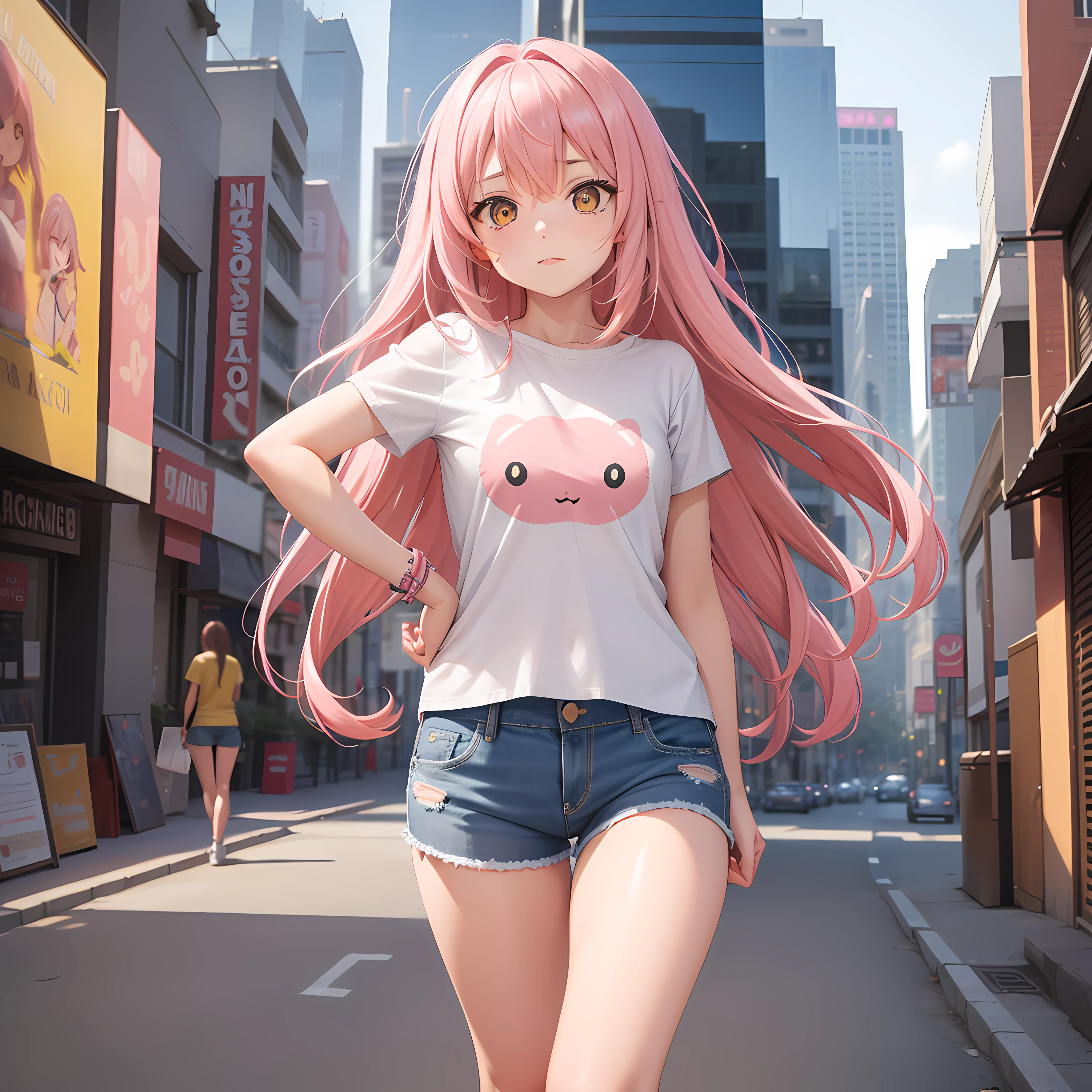 1girl, short height, tiny chest, long soft pink hair, pink left eye, yellow right eye, white shirt, denim shorts, city, absurdres, high res, ultrasharp, 8k, masterpiece, looking at viewer