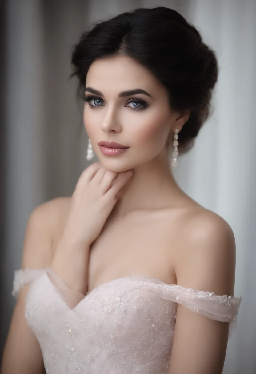 a woman in a long white off shoulder chiffon dress, gold hair piece, 17 years old, shoulder length slightly wavy hair, ((black hair)) and gleaming detailed vibrant black eyes, slim frame, medium breasts, long legs, beautiful face, small butt size, small feet size, small hand size, perfect hands, scary face, beautiful face, pretty face, hot woman, British woman, cream skin, small soft pink lips , medium breast size, slim figure, standing pose, soft features, cute girl, perfectly framed face, ((soft pink cupids bow lips)), ((dark grey eye colour )), dark eyes, dark hair