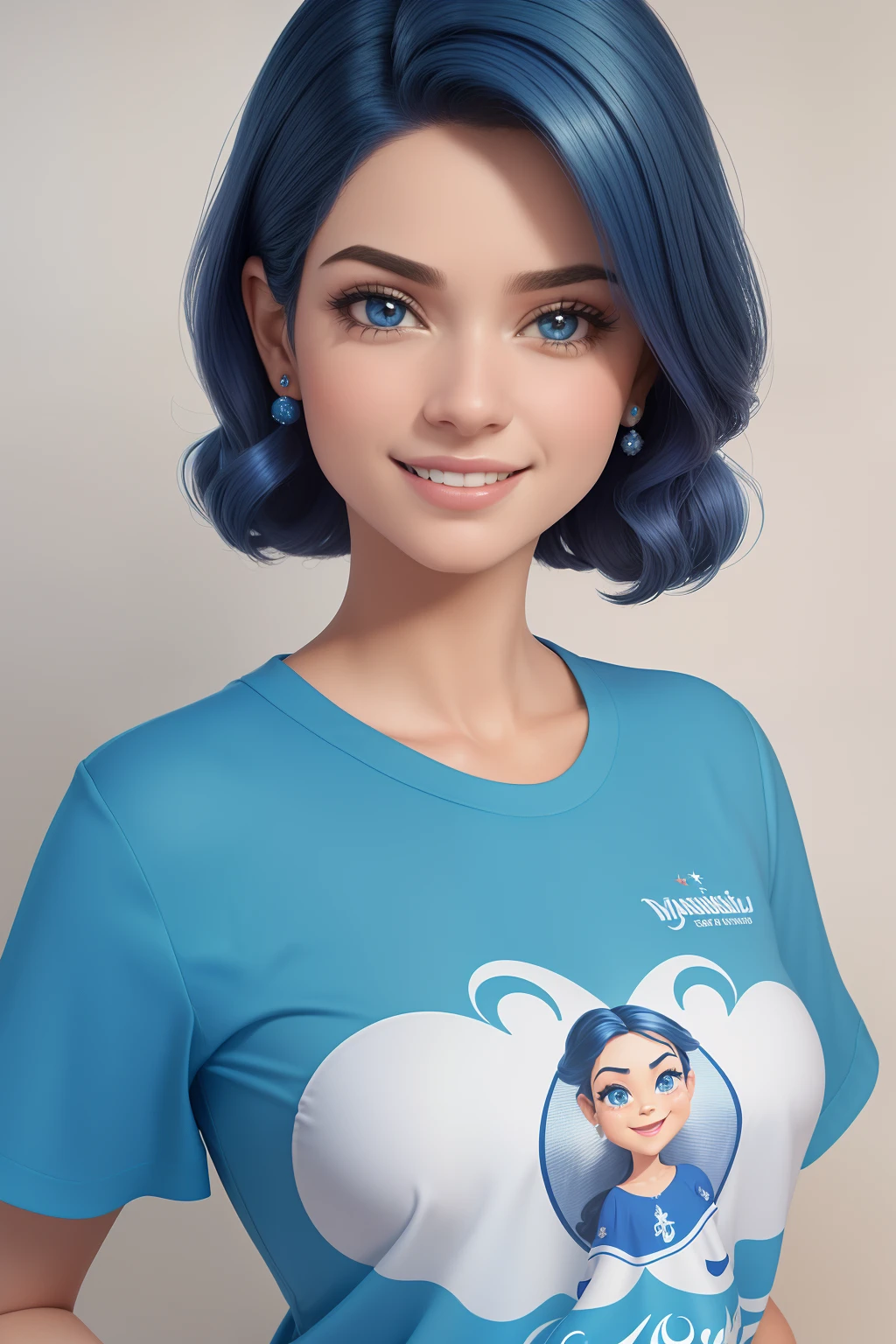 Uma mulher bonita com cabelo escuro, ostentando um sorriso brilhante e uma camisa azul clara. only the face is rendered in Disney or Pixar style, e ela faz uma pose de modelo contra um fundo branco,(insanamente detalhado:1.5)