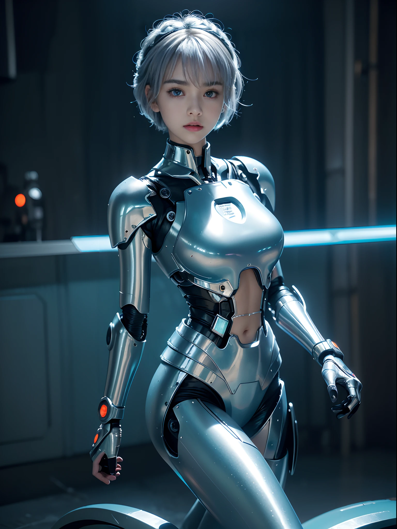 (The cyborg:1.1), (femboy:1.7), (Suki Waterhouse:1.2). (face portrait:1.0). Lexx , Mass Effect , Galaxina, Terminator, Metropolis. (masculine body:1.6). (She is entirely made from plastic and aluminum). (simple mechanical engineering:1.5). (neatly drawing all mechanical parts:1.6). (neatly drawing eyes:1.5), (Garson short haircut:1.5), (open helmet:1.4), (arms behind back:1.5). articulated metal arms, unhuman articulate cybernetic face. there are metal inclusions on her face. unhuman gaze. (identical unhuman cyborg's optical sensors:1.4). (her body is made from polished aluminum and translucent white plastic:1.4). beautiful perfect face, perfect articulate hands with five perfect articulate fingers. very sexy. mechanistic design, cyberpunk, causing sexism. (cyborg's fingers:1.3). (enhanced image quality:1.5), (sharp focused photography:1.5).