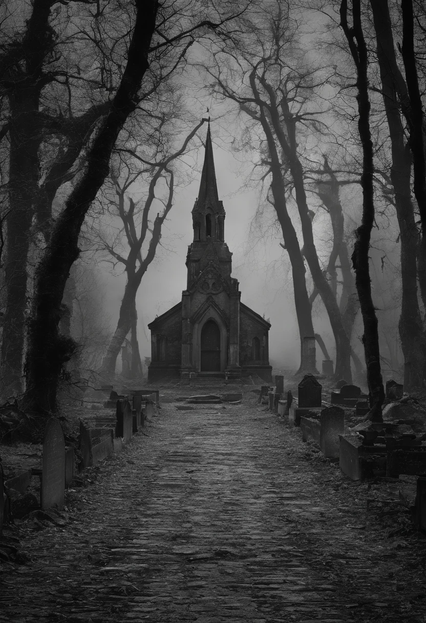 (best quality,4k,8k,highres,masterpiece:1.2),detailed,horrifying scenery,eerie atmosphere,graveyard,spooky graveyard,nighttime setting,creepy ambiance,dark and foggy,frightening,ominous,shadowy figures,moonlit sky,haunting spirits,ghostly apparitions,terrifying tombstones,aged and weathered graves,old and decrepit church,spider webs and cobwebs,dilapidated tombstones,long and gnarled trees,skeletal branches and leaves,crumbling mausoleums and crypts,disheveled and broken headstones,grotesque and moss-covered statues,an eerie mist that hovers above the ground,a sense of foreboding and dread that permeates the scene,an unexplained and bone-chilling presence,undulating shadows that seem to move on their own,an eerie silence broken only by the sounds of distant whispers and faint footsteps,an otherworldly glow that emanates from the graves,a creaking sound that echoes through the darkened cemetery,an overwhelming feeling of loneliness and despair,a feeling of being watched by unseen eyes,an unsettling chill that lingers in the air,an unsettling sense of being trapped in a nightmare,a graveyard shrouded in darkness,ominous storm clouds gathering in the distance,an ancient curse that pervades the graveyard.