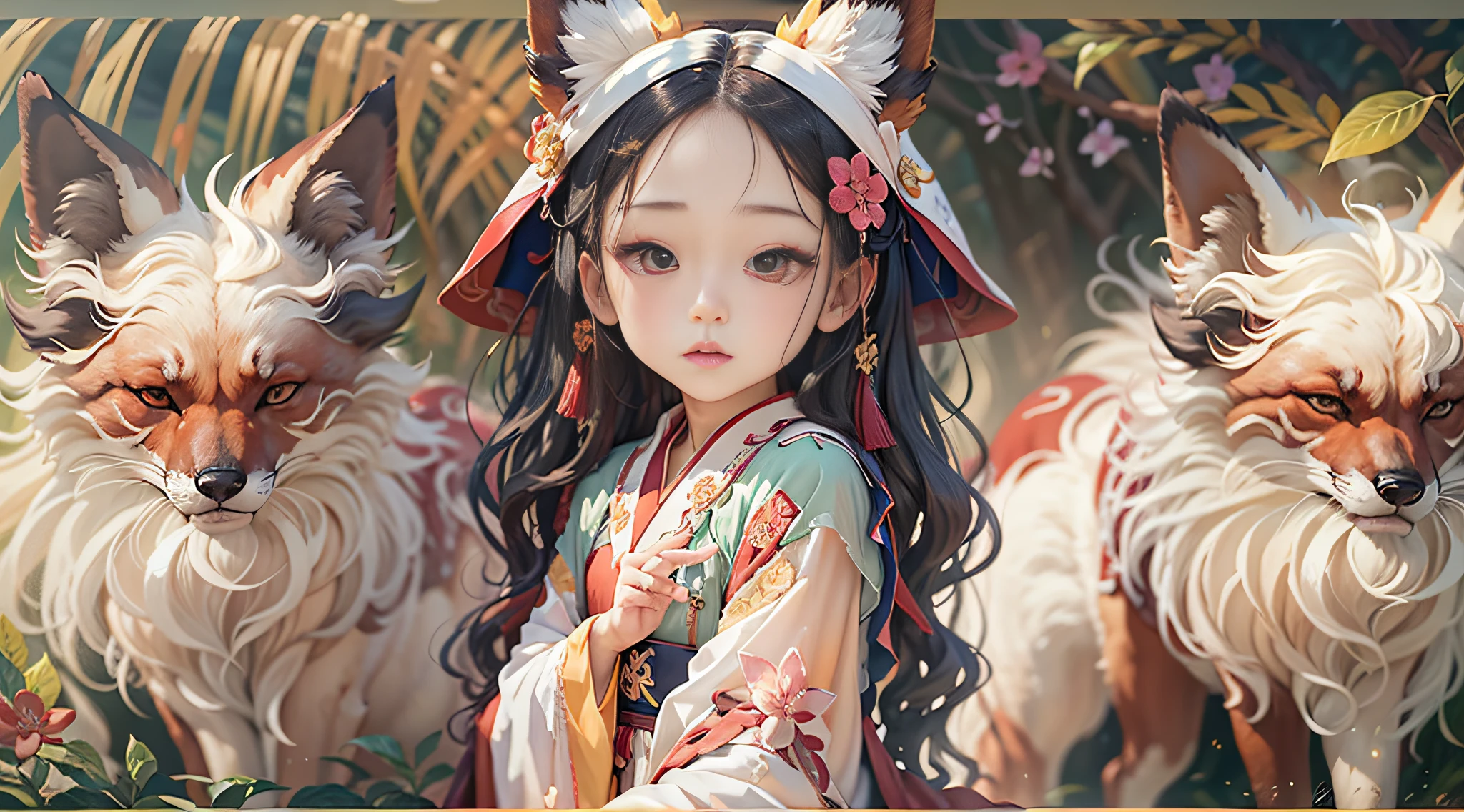 jungles,In the stream,cabelos preto e longos,Attractive 8--old l with fox ears,fox tails,Hanfu,wide red robe,Frugal hair accessories,Japan clothing styles,Eyes are confused,Zhu's lips opened slightly,clenched lips,The face is delicate and beautiful,(Lie down on the edge of the creek:1.4),clean back ground,macro lens,Enhanced depth of field,Works of masters,best qualtiy,8K分辨率,super-fine,acurate