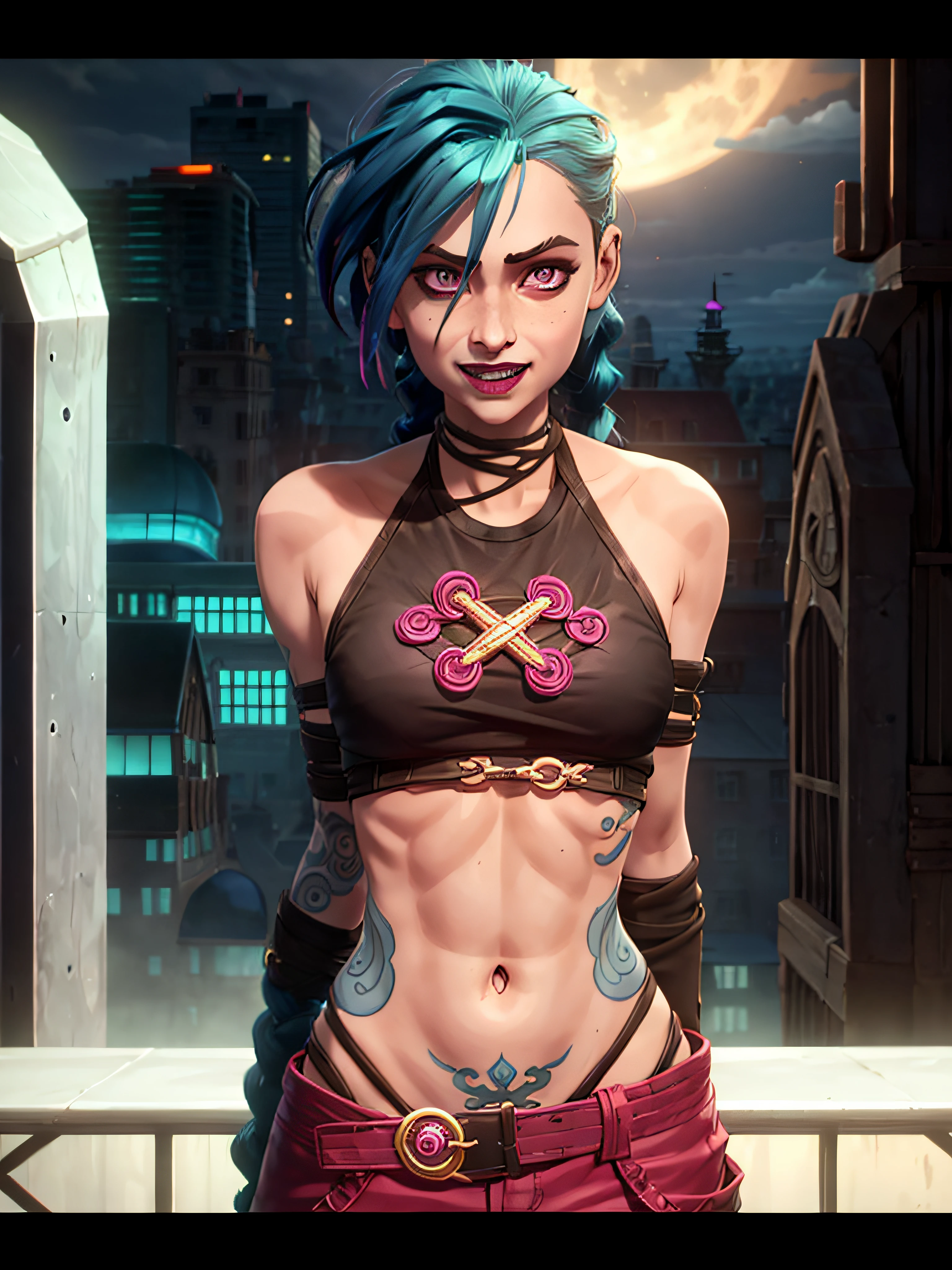 arcane style, 1girl, arm tattoo, asymmetrical bangs, bangs, blue hair, braid, brown shirt, cloud tattoo, looking at viewer, laughing, crazy, uncontrollable laugh, mad look, night, city, green hair, long hair, midriff, pink eyes, red lips, shirt, solo, standing, tattoo, twin braids, upper body, arcane jinx, jinx \(league of legends\)