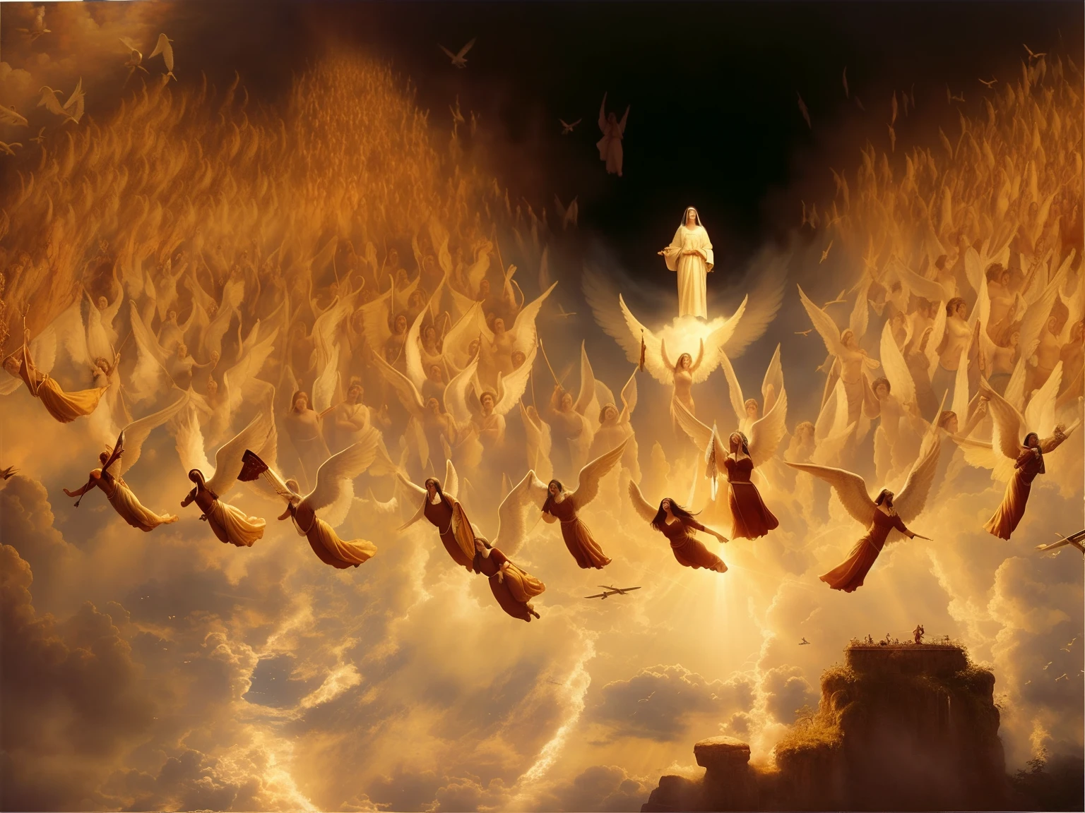 pintura de um grande grupo de anjos sobrevoando um grande grupo de pessoas, Segunda vinda, heaven!!!!!!!!, arrebatamento celestial, she is arriving heaven, Flying toasters in the sky, angels in the sky, O Arrebatamento, anjos voadores, breathtaking art, angels protecting a praying man, Anjos, Directed by: James Ryman, epic biblical representation, gates of heaven