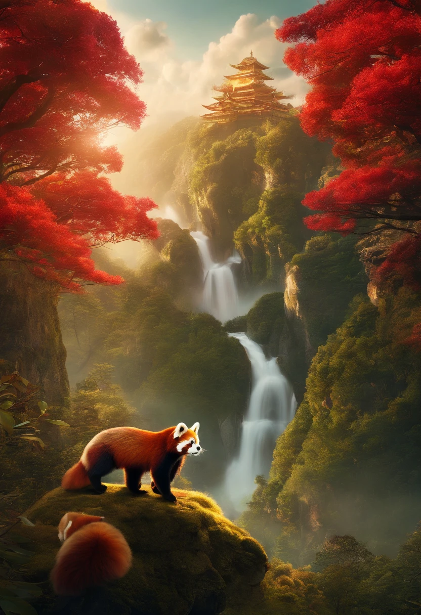 epic cinematic shot. landscape shot of where red pandas live. Golden Radiance