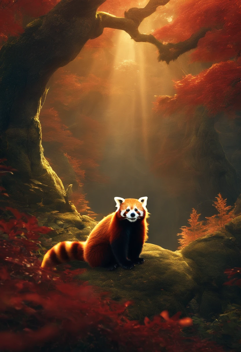 epic cinematic shot. landscape shot of where red pandas live. Golden Radiance
