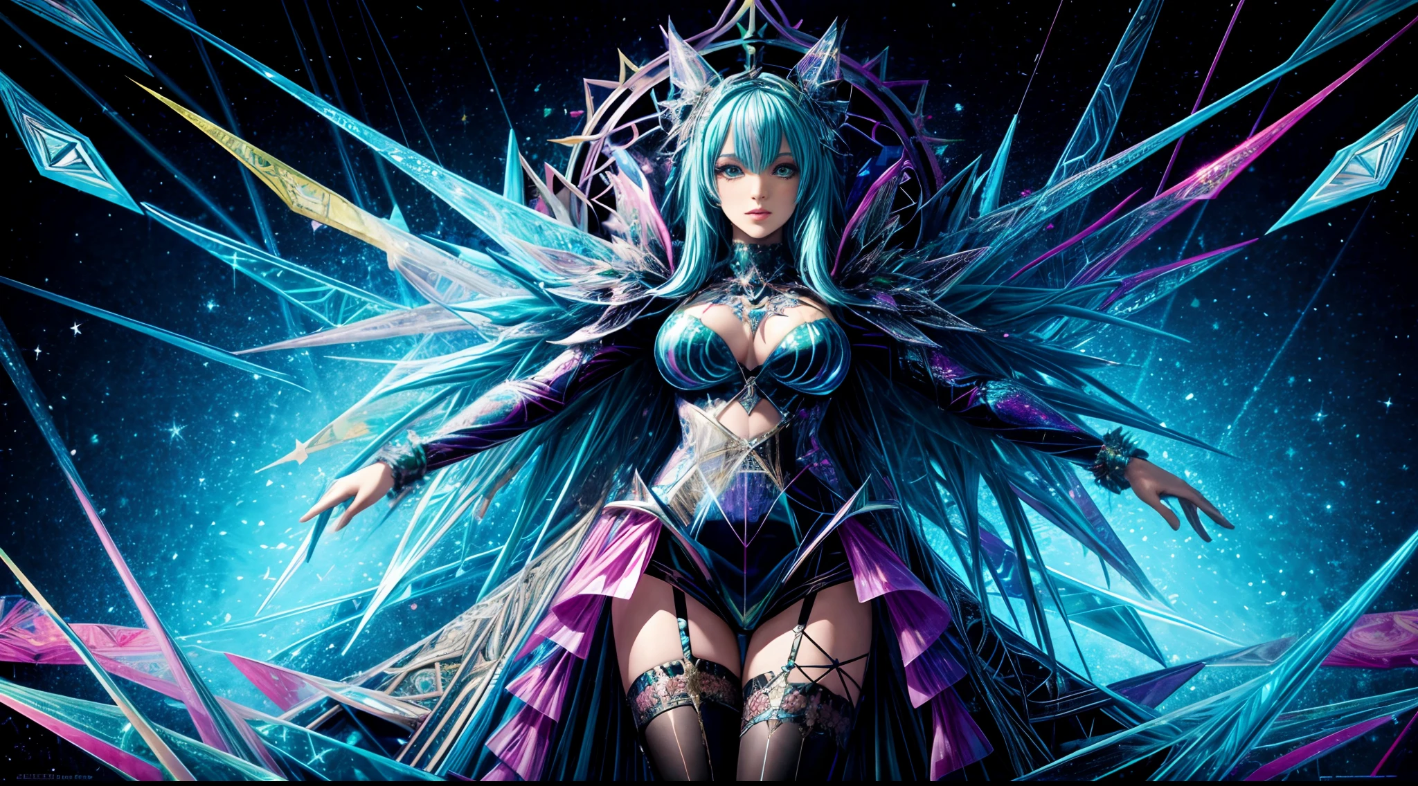 tarot cards, tarot card design, cocept art, tarot card illustration, symmetrical tarot card, Hyperdetailed art, (holographic foil clothing), shiny, girl in a cybergoth outfit made of holographic foil, pastel colors, high details, expressive patterns, creative outcome, masterpiece, background made of crystal petals, a slime pond filled with gems, a labyrinth made of glass