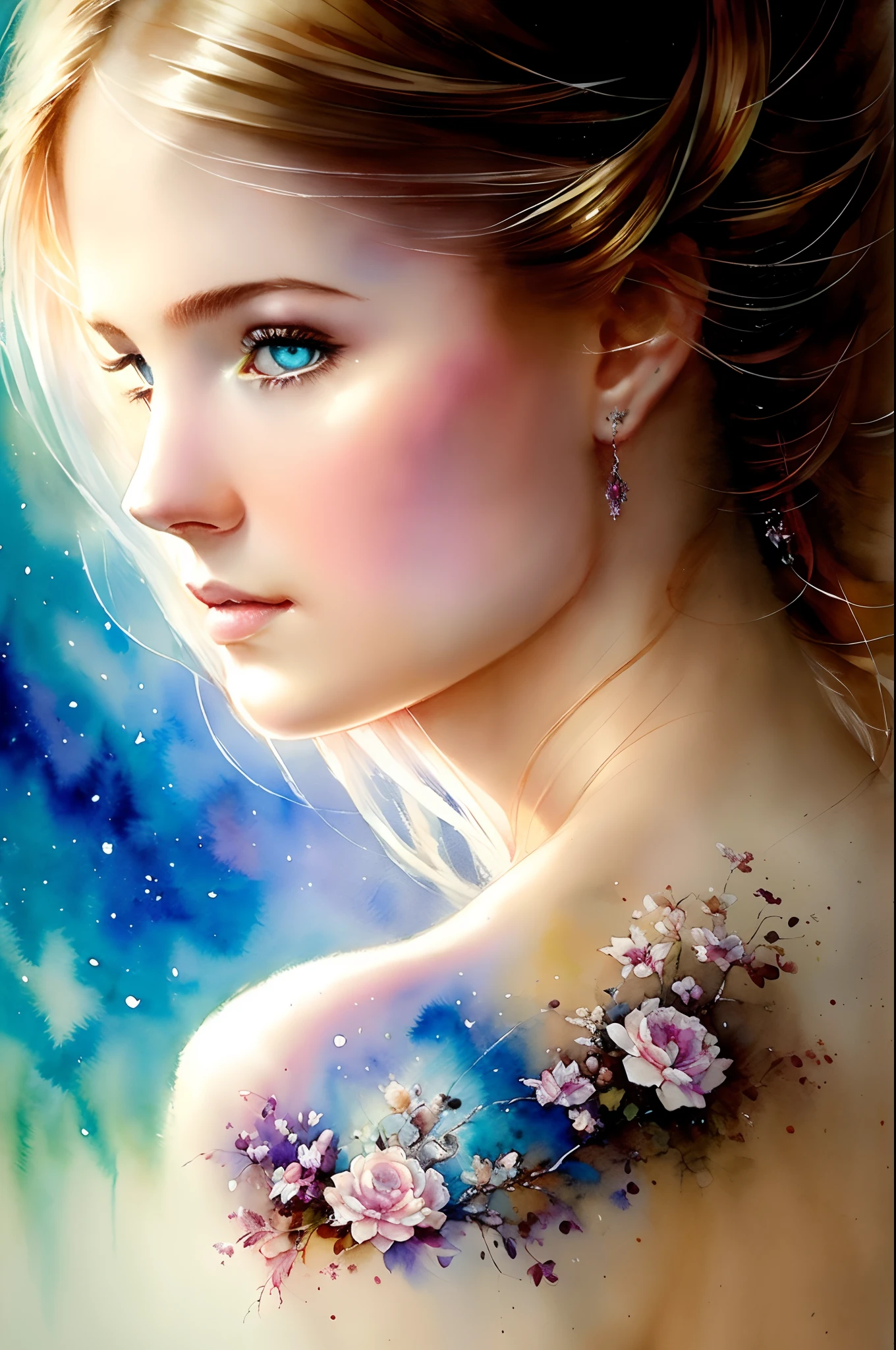 (8k, Best Quality, tmasterpiece: 1.2), (Best Quality: 1.0), (extra high resolution: 1.0), watercolour, beautiful Pandora, shoulder, ( illustration, by Craig_Davison), Half-body portrait, Aurora, (x-and-y hair), Very luminous bright design, Pastel colors, (ink: 1.3),