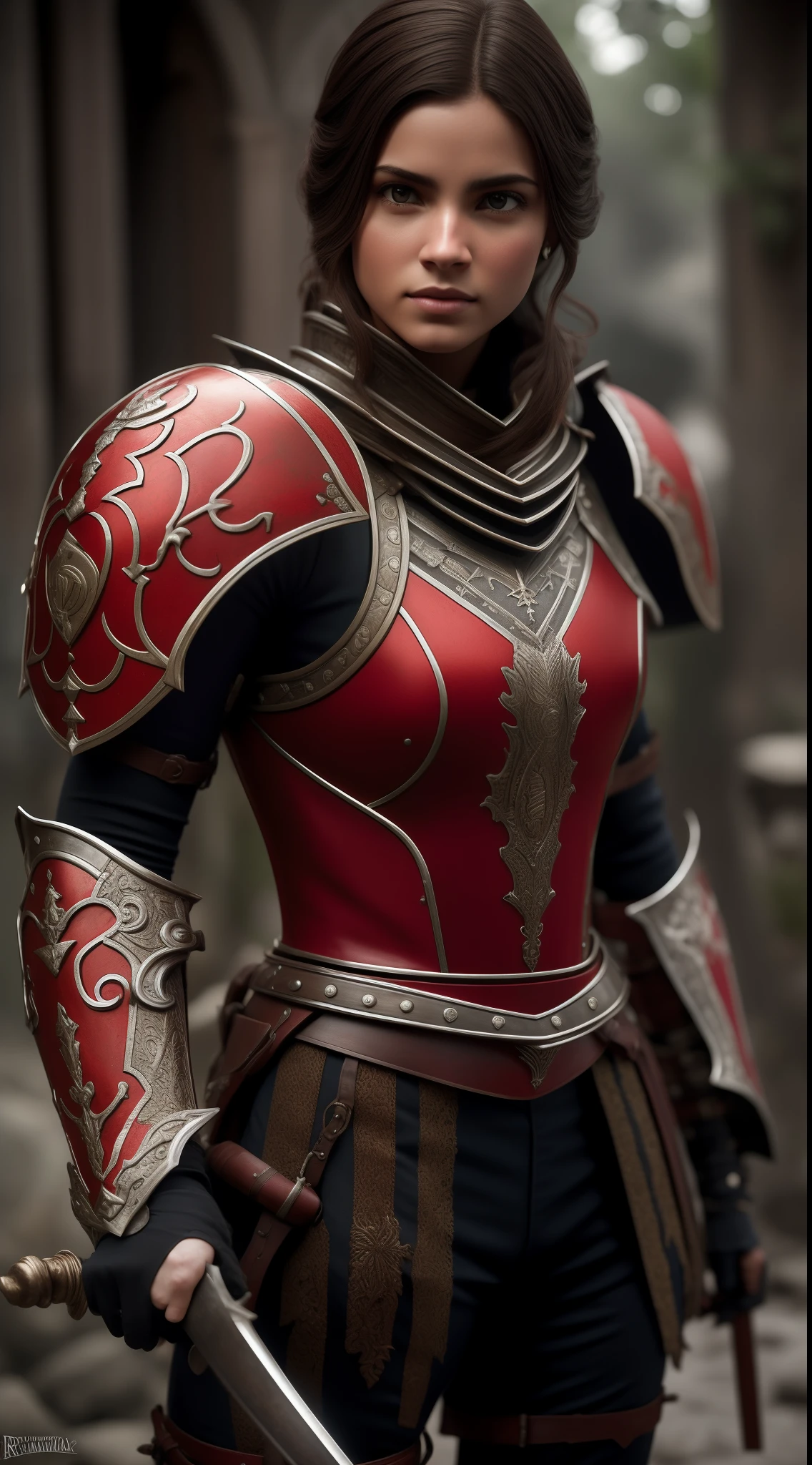 (Super detailed:1.2, masterpiece:1.2, highest quality:1.2, High resolution:1.2), warzone , it's raining, 1 woman, , brown hair, massive perfect breast,ponytail, Armor, breastplate, medival apocalypse, bloodstains, dark sky