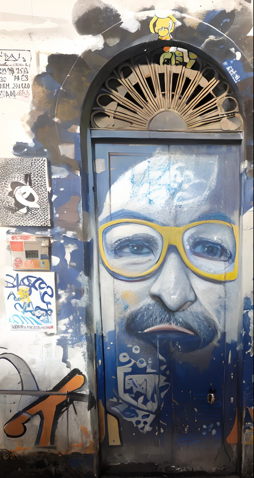 Graffiti on the wall of a building with a door and a painted face, arte de rua:2, Arte de rua, arte de rua, arte do grafitti, salvador, arte urbana, Graffiti Arte de Rua, estilo de arte de rua, arte de rua:2 obras-primas, Portas, Grafite de um Homer Simpson, Mais detalhes, retrato fechado, porta azul, por Altichiero