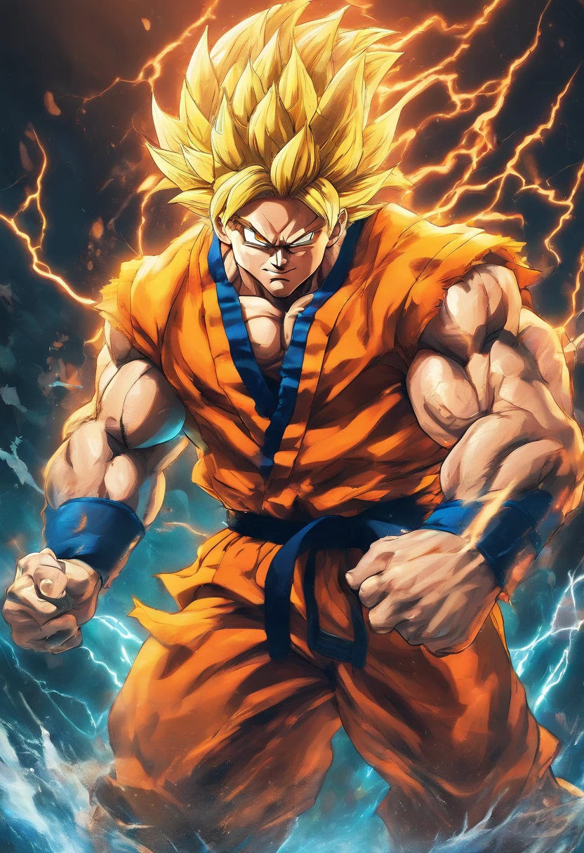 realistic 3d rendering of goku super saiyan fused aquaman, surrounded by lightning, big muscular, full body photography, hyperrealistic