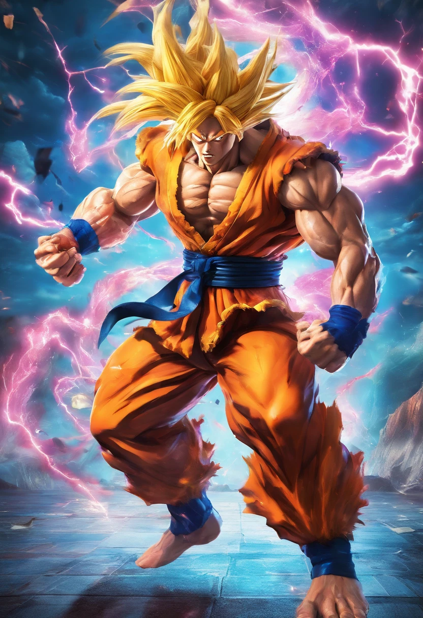 realistic 3d rendering of goku super saiyan fused aquaman, surrounded by lightning, big muscular, full body photography, hyperrealistic