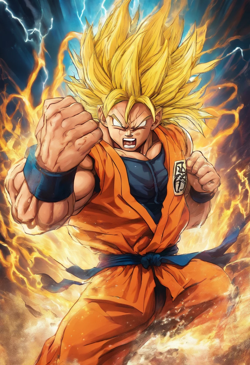 realistic 3d rendering of goku super saiyan fused aquaman, surrounded by lightning, big muscular, full body photography, hyperrealistic