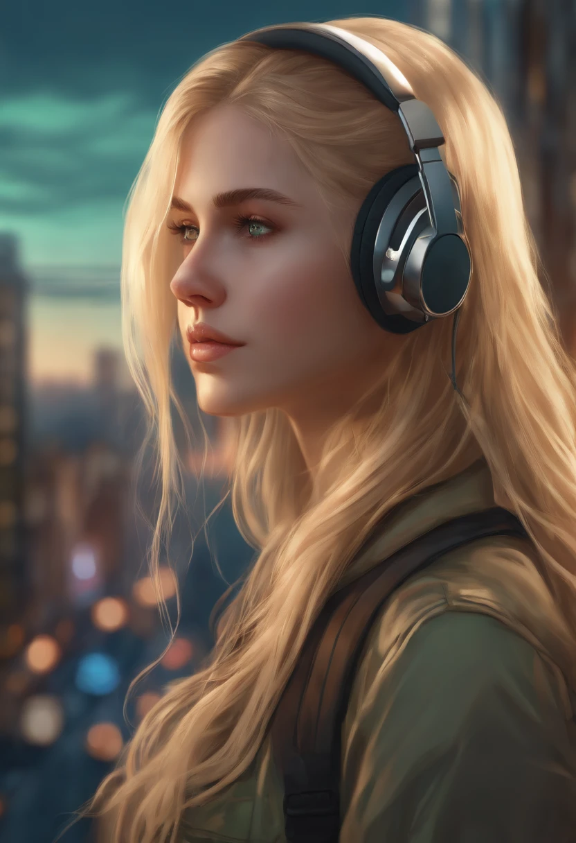 (masterpiece), (best quality, highres, highly-detailed, illustration), 1girl, solo, city, contemporary, profile picture closeup, blonde beige long hair, green eyes, beautiful detailed eyes, squatting, headphones, 8k, trending on ArtStation, featured on Pixiv