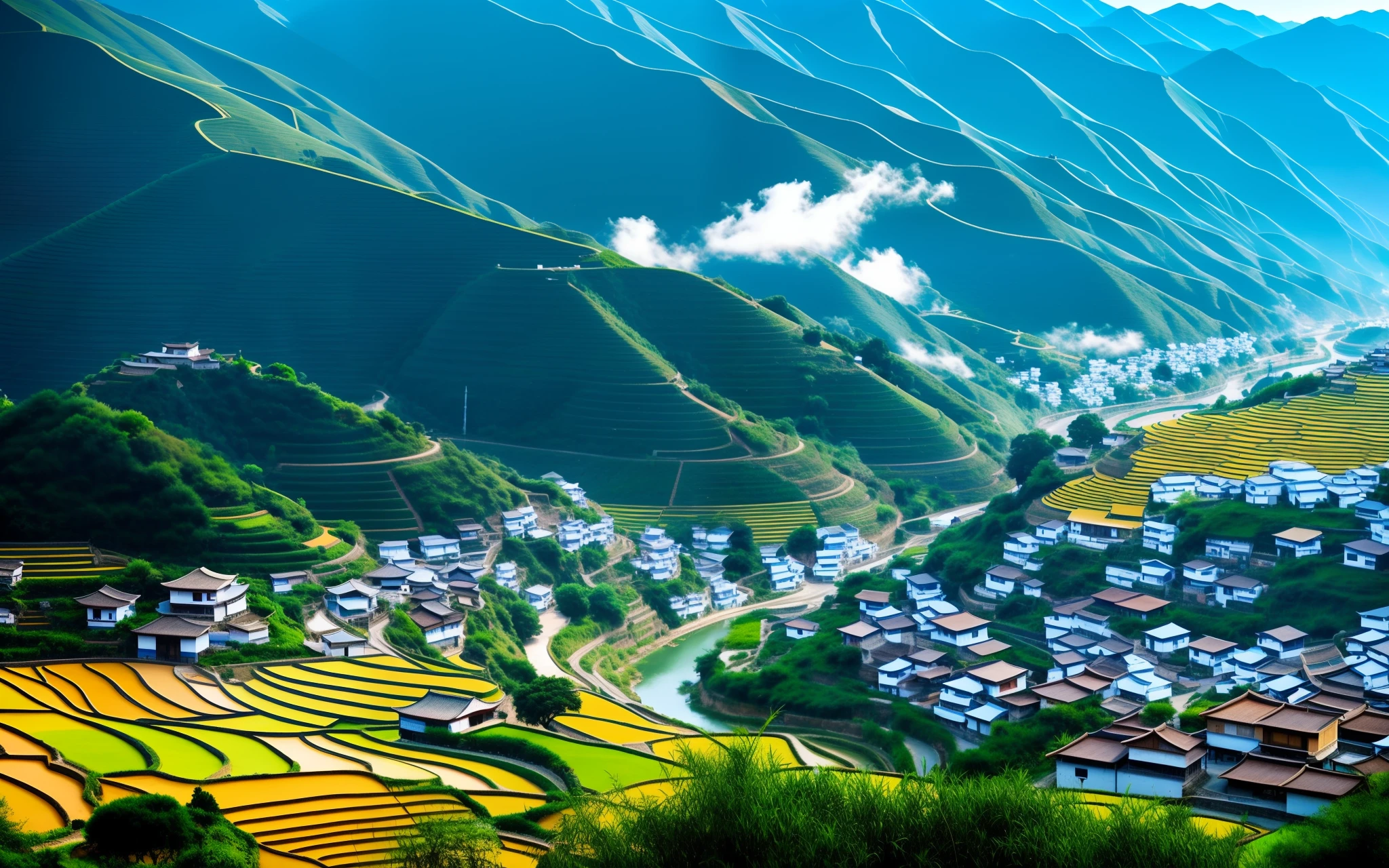 Alafid view of a village on the hill,There is a valley in the foreground, Chinese village, dreamy Chinese towns, Village, Chinese landscape, author:Yang Borun, Taoist, staggered terraces, author:Zou Zhe, guangjian, ricefield, bian luan, author:Shi Rui, author:Li Zai, Valle encantador, Picturesque, old asian village