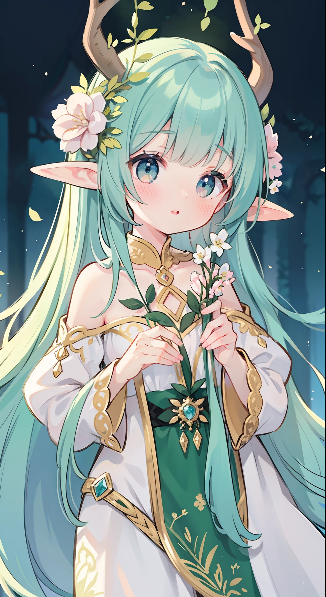 high high quality,tmasterpiece,Delicate facial features,Delicate hair,Delicate eyes,Delicate hair,animemanga girl,deer antlers,Black color hair,florals, Dreamy style, Fantastic flower garden,fantasy style clothing,Romantic dress, beautiful and elegant elf queen, a beautiful fantasy empress, Fantasy art style, ((a beautiful fantasy empress)), Anime fantasy illustration, high priestess, fey queen of the summer forest, anime art nouveau, goddess of the forest, portrait of an elf queen, A beautiful artwork illustration,8K high quality detailed art(Delicate facial portrayal)(Fine hair depiction)(highest quality)(Master masterpieces)(High degree of completion)(a sense of atmosphere)8k wallpaper,tmasterpiece,Best quality at best,ultra - detailed