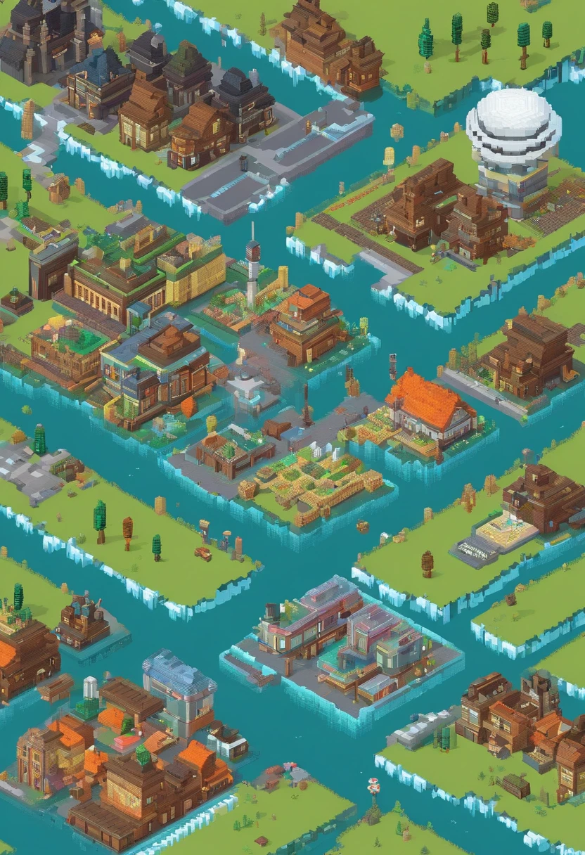 **large arctic fence around the town with 20 buildings, isometric, sci-fi, 3d, game art, retro sci-fi