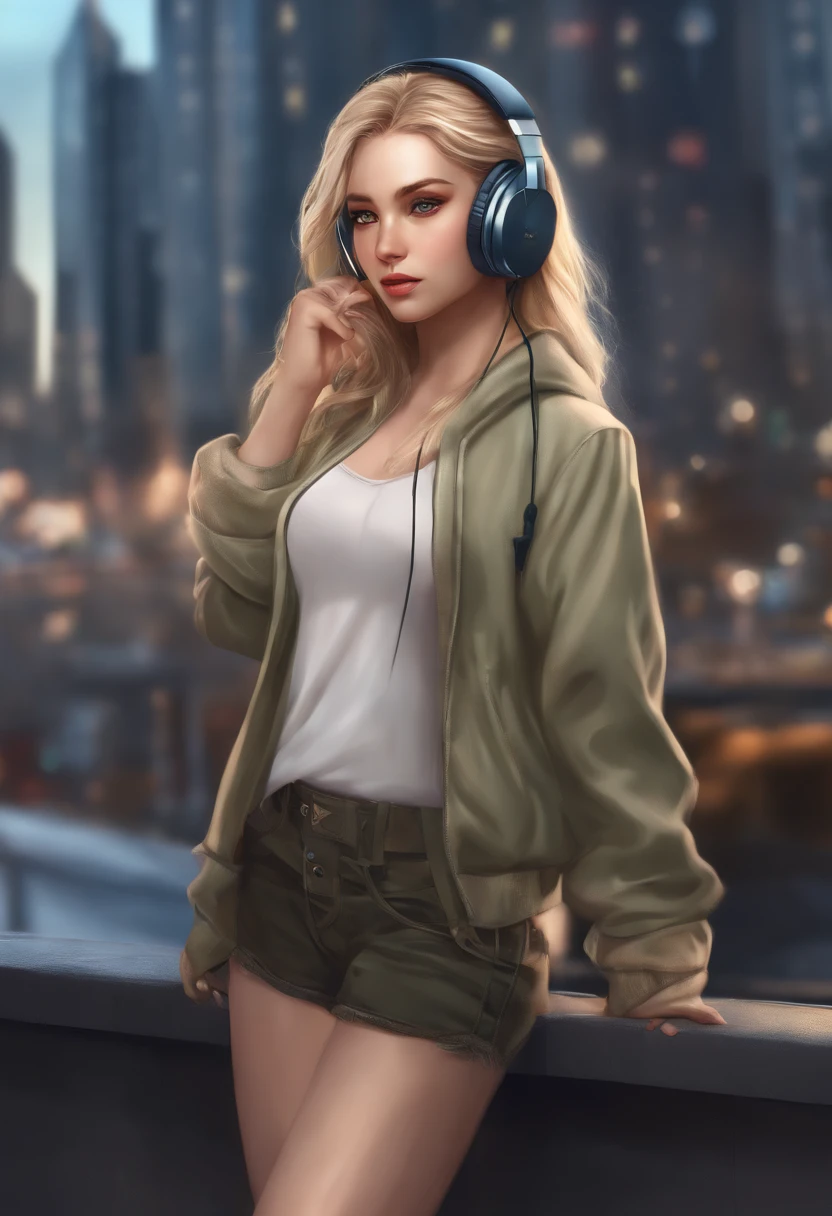 (masterpiece), (best quality, highres, highly-detailed, illustration), 1girl, solo, city, contemporary, profile picture closeup, blonde beige long hair, green eyes, beautiful detailed eyes, squatting, headphones, 8k, trending on ArtStation, featured on Pixiv