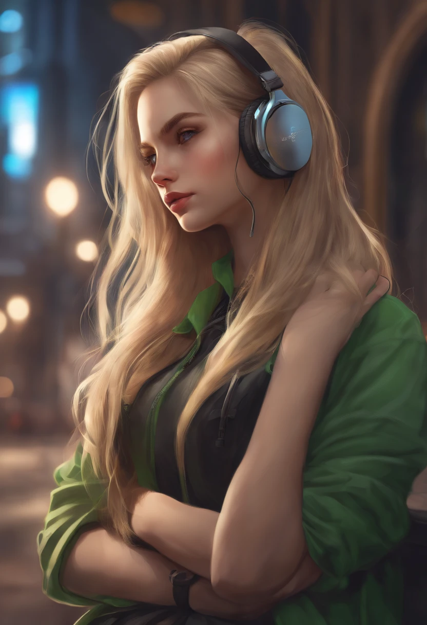 (masterpiece), (best quality, highres, highly-detailed, illustration), 1girl, solo, city, contemporary, profile picture closeup, blonde beige long hair, green eyes, beautiful detailed eyes, squatting, headphones, 8k, trending on ArtStation, featured on Pixiv