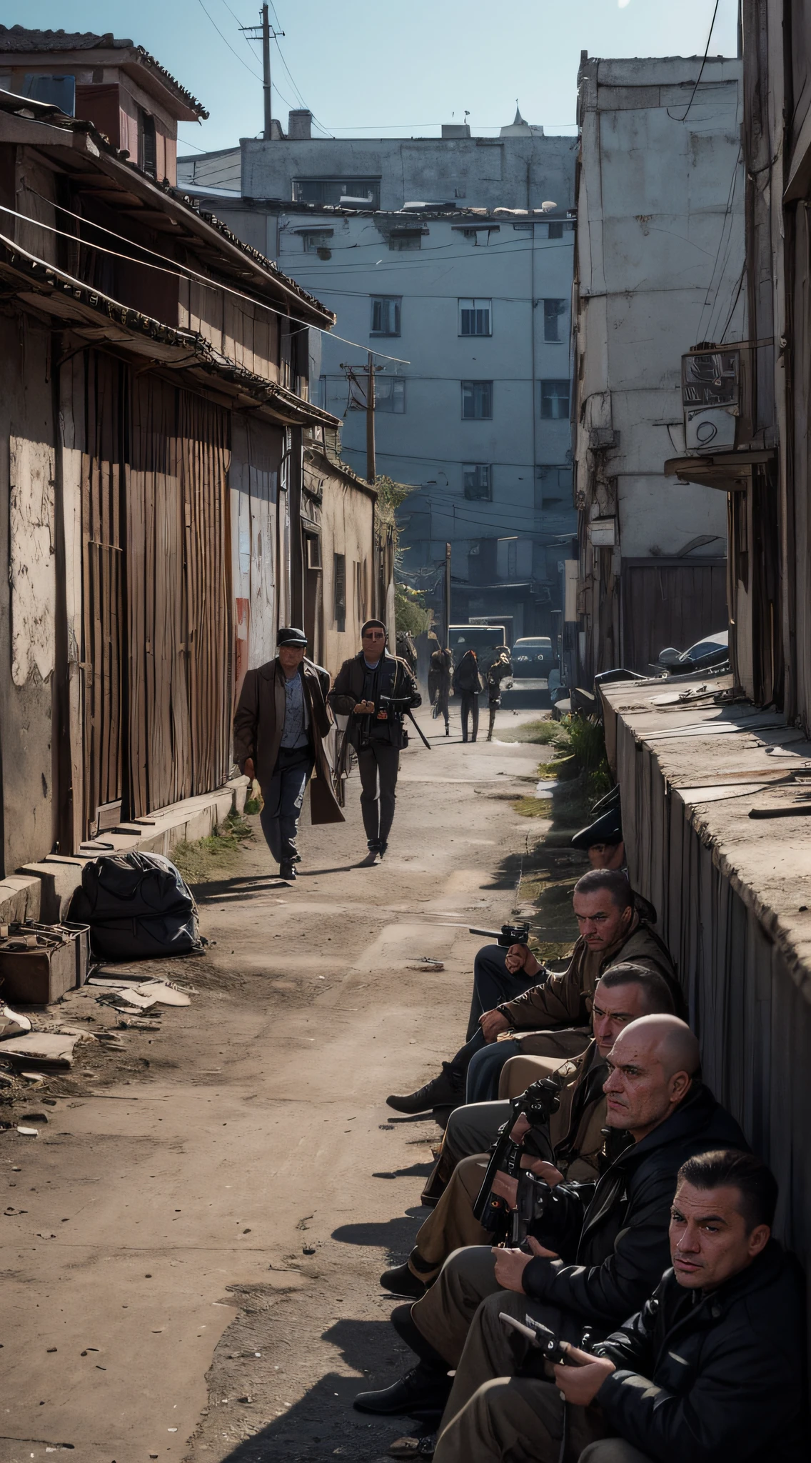 into the gritty world of 90s Russia with our latest photograph: Russian gangsters with AK-47 assault rifle against the backdrop of russian panel houses, top view, cold light, depressive, . This image exudes realism, transporting you to a time when the '90s style was lawless. The photograph captures genuine thugs embodying the spirit of that era. Their appearance, attire, and mannerisms infuse this picture with hyper-atmospheric vibes. They loom over the old garages in a way that suggests territorial protection. The grimaces on the gangsters' faces and their distinctive gestures create an indescribable atmosphere of the times when the streets were ruled by bandits. This photograph is steeped in the essence of reality, allowing us to peer into the past and comprehend what this world was like. Complete your journey through time and feel the rhythm of '90s street life with our photograph of Russian gangsters against the backdrop of old garages. It's a genuine portal to the past that enables you to immerse yourself in this incredibly stylish and realistic world, film grain, cinematic light, 35mm, Zenith film camera.