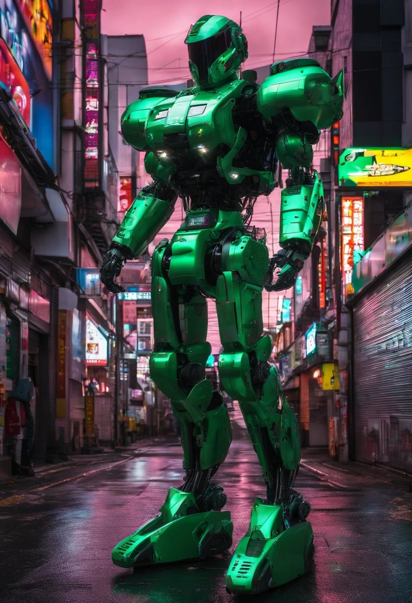 a very big green futuristic cyberpunk kawasaki ninja covered by a trasparent dome full of japanese stickers is parked in a Tokyo street, japan 90''s style,hyper detailed, Photographic, japanese 90's fashion magazine, weird