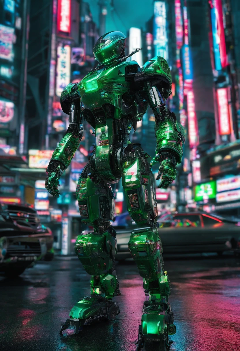 a very big green futuristic cyberpunk kawasaki ninja covered by a trasparent dome full of japanese stickers is parked in a Tokyo street, japan 90''s style,hyper detailed, Photographic, japanese 90's fashion magazine, weird