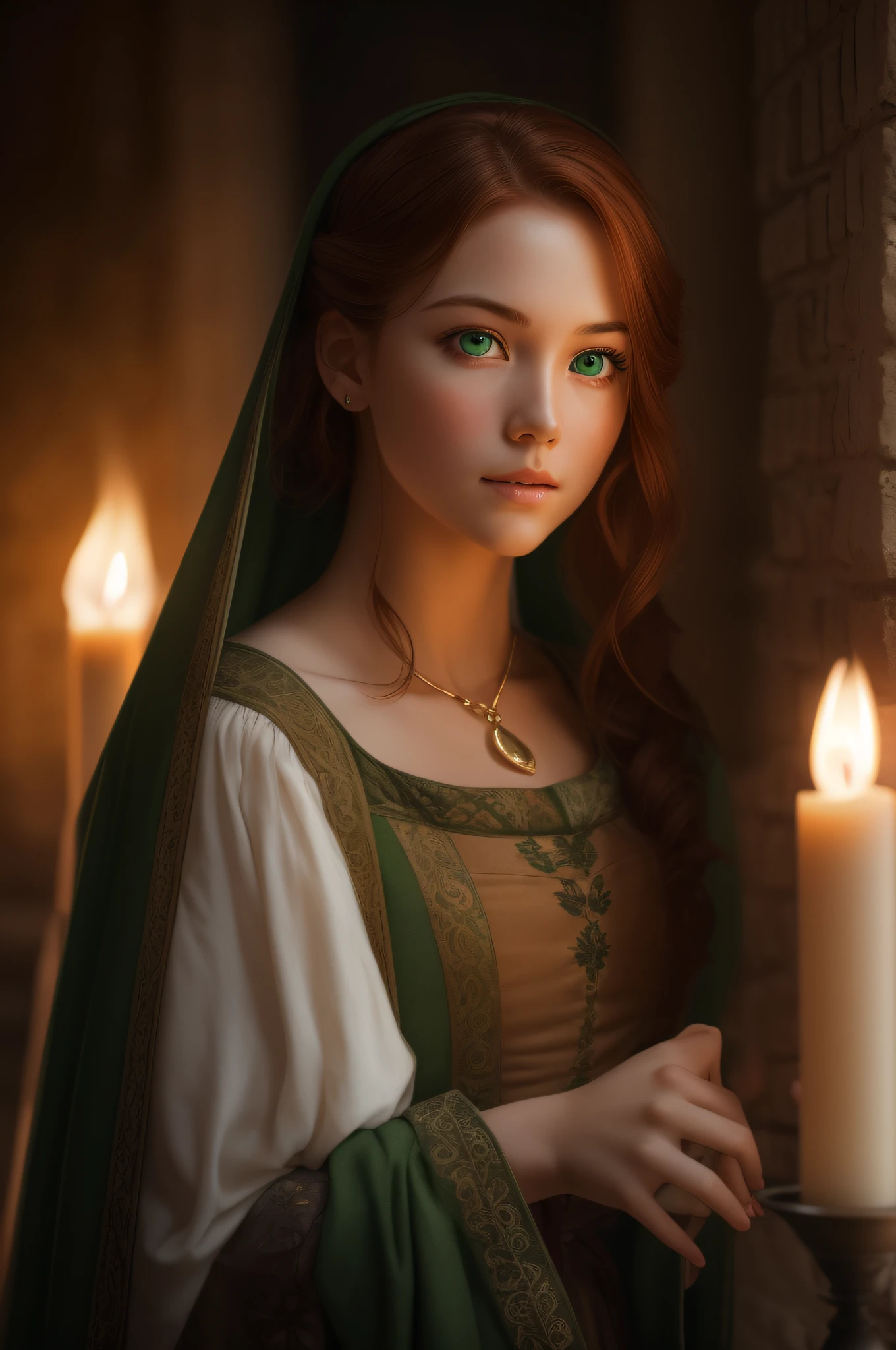 fair complexion, woman around 30 years old, reddish chestnut hair, distinctive green eyes, slender and graceful, beautiful, candlelight in a medieval setting, ultra sharp focus, realistic shot, medieval female clothes, tetradic colors