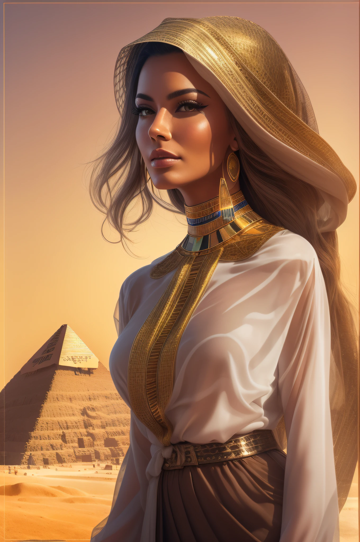 wise-looking woman, a straight face, looking forward, with a truly tanned complexion, dark background, American woman. Dressed in a transparent blouse. A stunning panorama of the majestic futuristic Egyptian pyramids, standing in perfect harmony with the modern Riyadh and Emirates Towers.