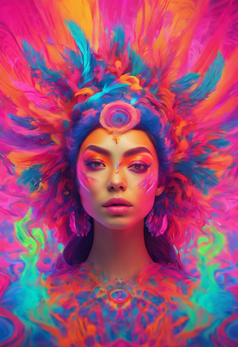 a woman with a neon makeup and headdress , transgressive art, sharp focus, 8 k, octane render , saturated colors, pastel colors