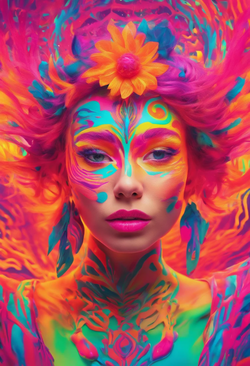 a woman with a neon makeup and headdress , transgressive art, sharp focus, 8 k, octane render , saturated colors, pastel colors