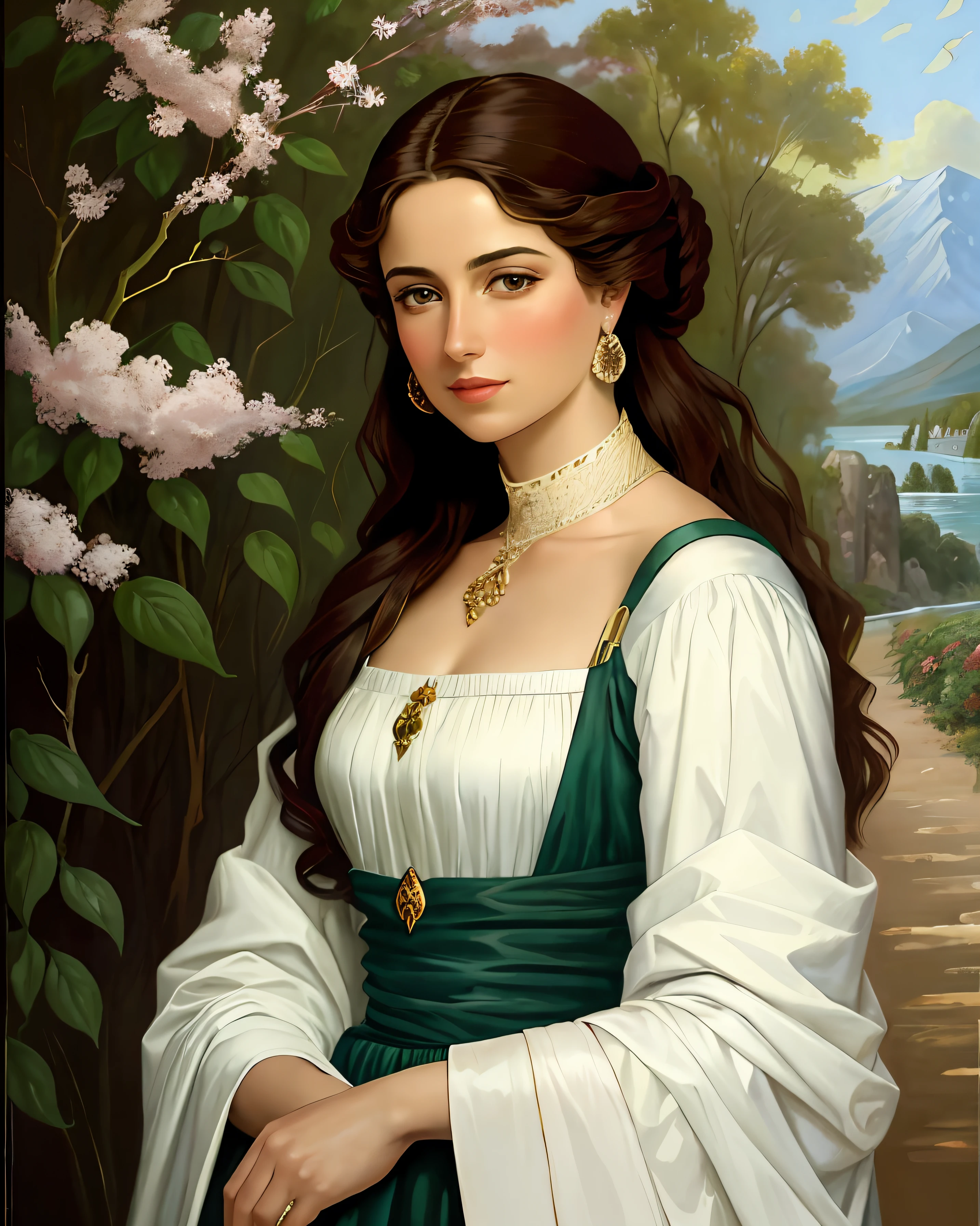 In an oil painting, a beautiful woman is portrayed in a stunning backdrop, capturing the essence of her allure and the beauty of the surroundings. The artist's skillful brushwork and use of rich, vibrant colors bring depth and dimension to the artwork, reminiscent of the works of John Singer Sargent. The woman's features are delicately rendered, highlighting her grace and elegance. The composition draws attention to her presence, while the scenic backdrop adds an element of serenity and visual interest. The oil painting stands as a timeless depiction of feminine beauty set against a captivating environment.