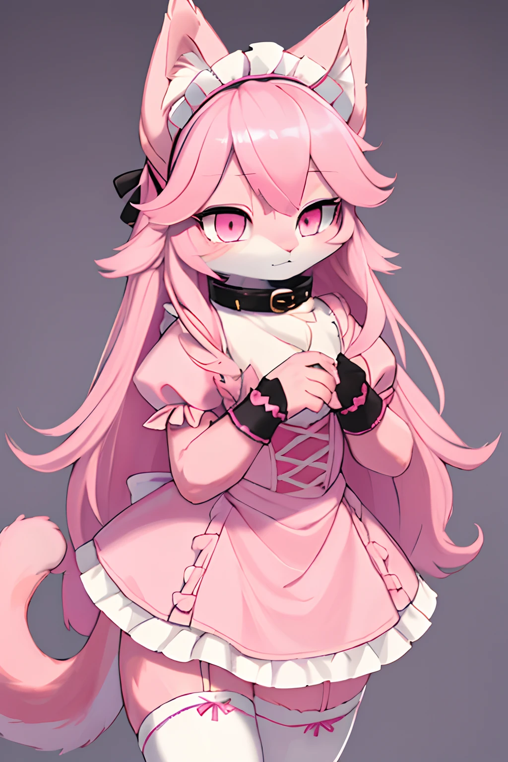 Master piece, perfect, highly detailed, (little hibryd anthro cat femboy), fluffy pink fur, ((pink eyes)), ((1))fluffy cat tail, pink long hair, tiny chest, (pink cat ears), wearing a pink collar, pink maid dress, silk white gloves, silk white thighhigh socks, wearing a pink muzzle, truemuzzle, eyesgod, niji, eyesgod, niji,