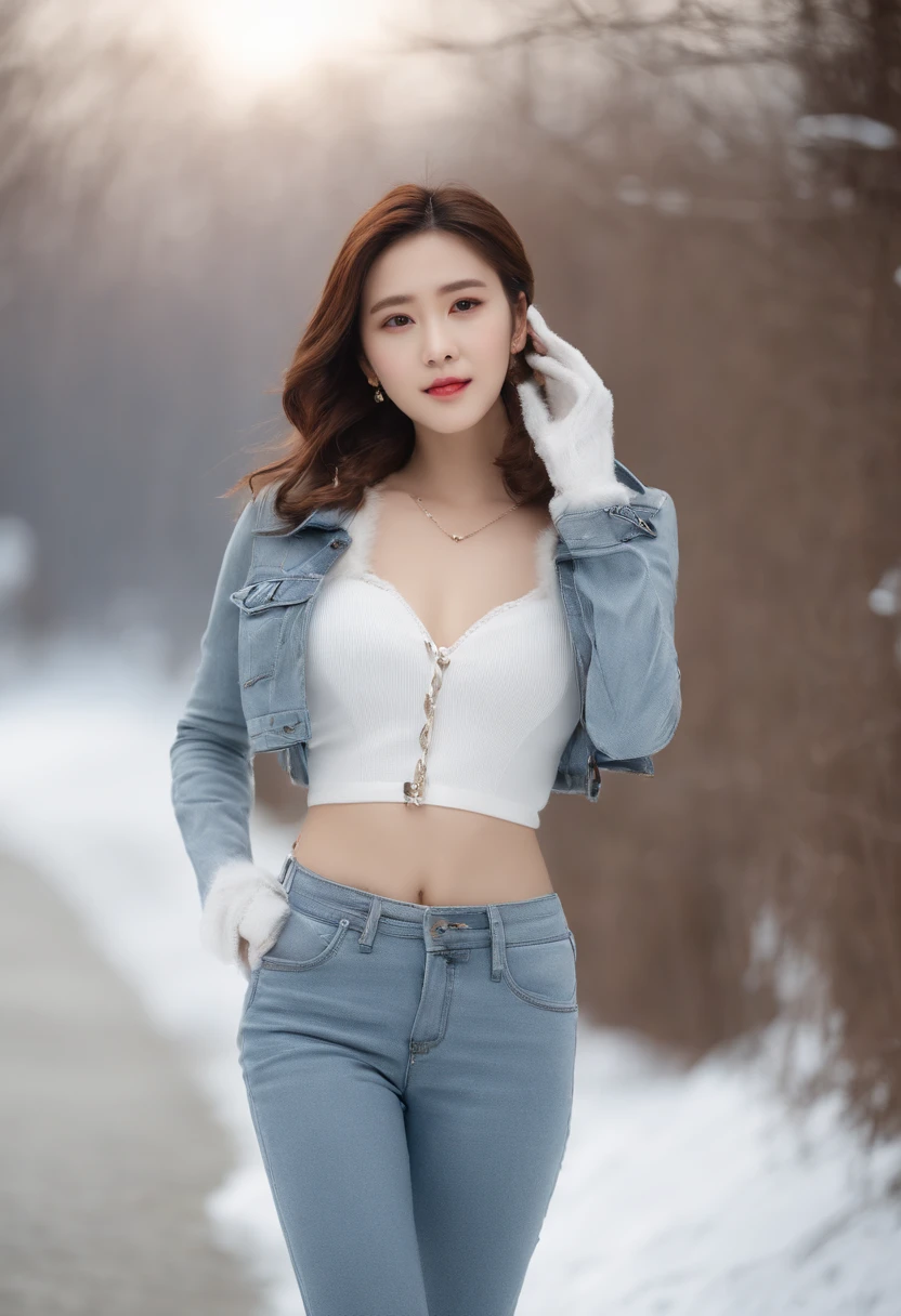 arafed woman in a short shirt and jeans standing on a snowy street, korean women's fashion model, photo of slim girl model, cropped shirt with jacket, dilraba dilmurat, wearing a cropped tops, korean girl, gorgeous young korean woman, wearing a sexy cropped top, wearing a cropped top, modern casual clothing, 2 4 year old female model