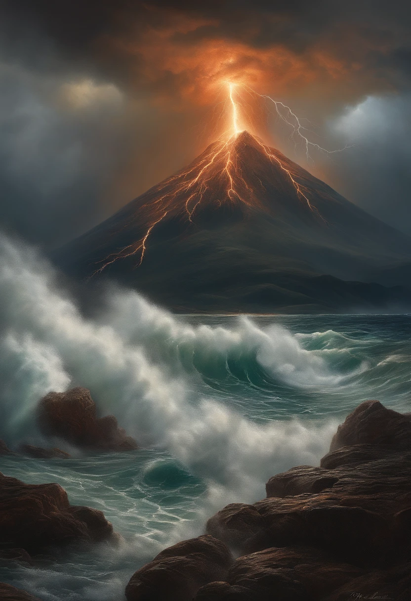 oil painting of a volcano, emerging from a turbulent sea, raging lightning. intricate, hyperdetailed, realistic, depth of field, by Edwin Deakin