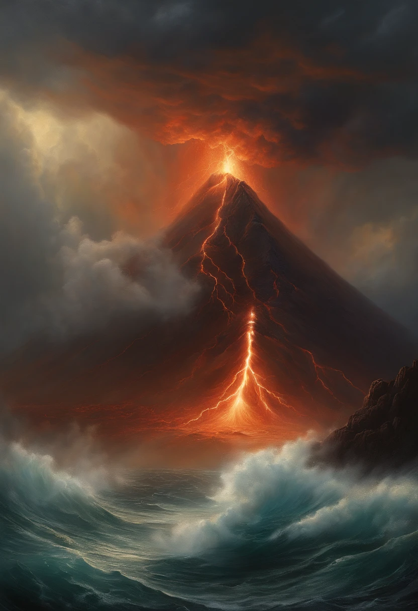 oil painting of a volcano, emerging from a turbulent sea, raging lightning. intricate, hyperdetailed, realistic, depth of field, by Edwin Deakin