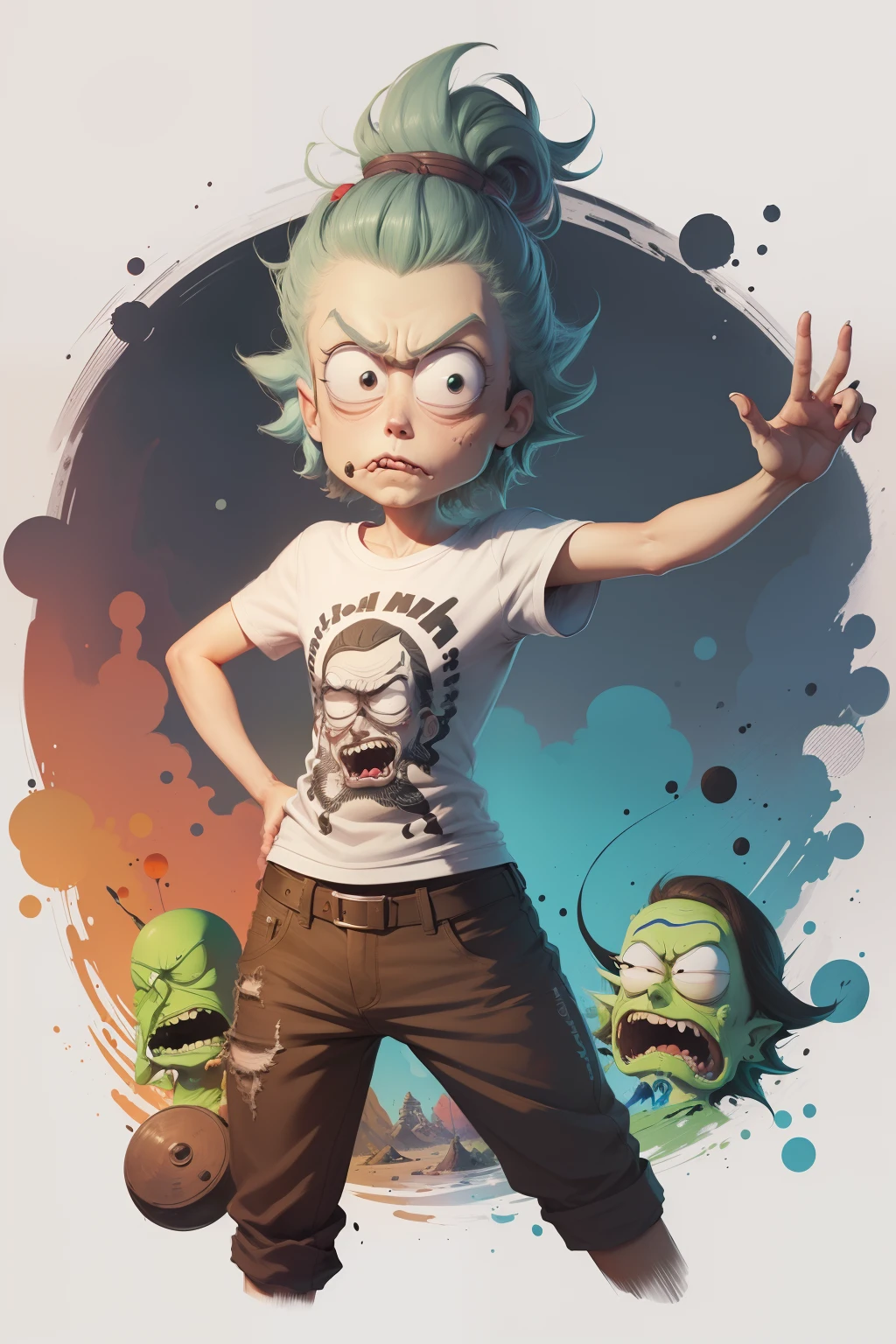 cores misturadas, tinta, esquicho, cartoon, abstrato, just the head, estilo rick and morty, fundo branco, arte de camiseta, design de camiseta, bonito e peculiar, arte de fantasia, focused on the hand-drawn character, pintura digital,