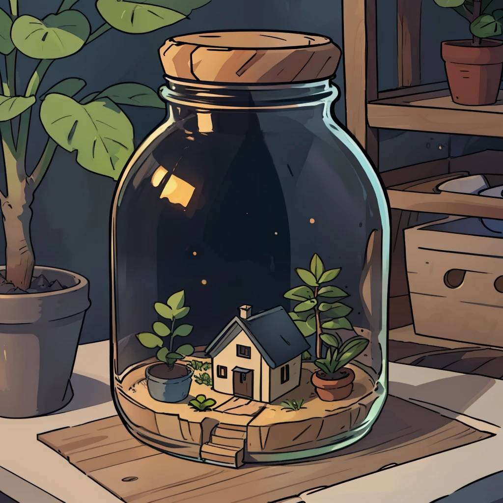 A jar with a cozy little detail realistic house inside of it, algumas plantas,