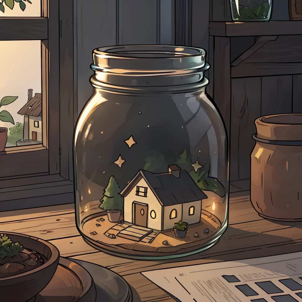 A jar with a cozy little detail realistic house inside of it, algumas plantas,