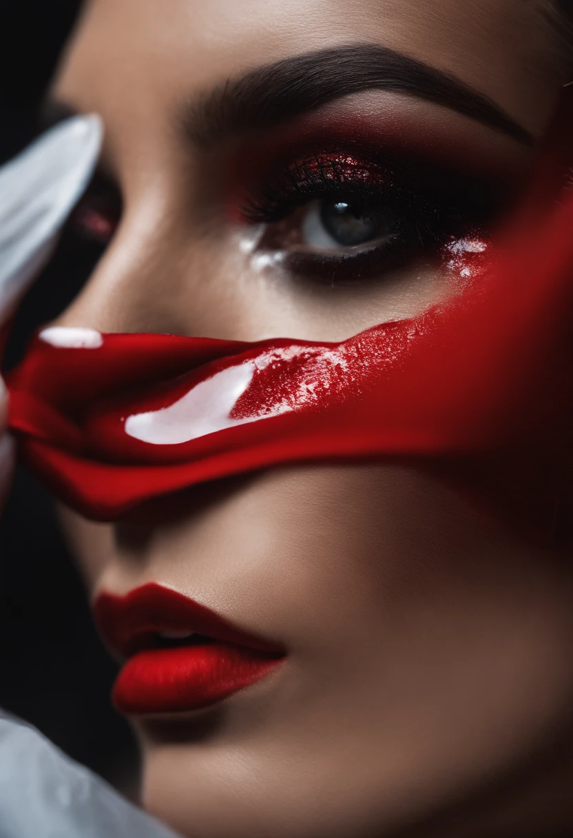 Extreme close-up of the model's face,Smoky eye makeup,red lipstick,Wet face dripping ,Guido Argentinian style,Stylish photo shoots,ultra realistic,photoshoots ,Photo shot of Canon EOS 5D Mark 4 and SIGMA Art lens 35mm F1.4 Dangerous goods HSM,unrealengine